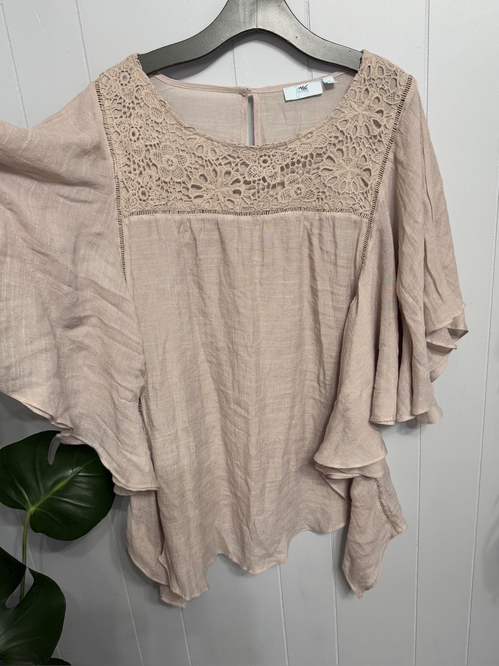 #17)  Just My Size Blush/light Tan Crochet-Yoke Flutter Sleeve Blouse